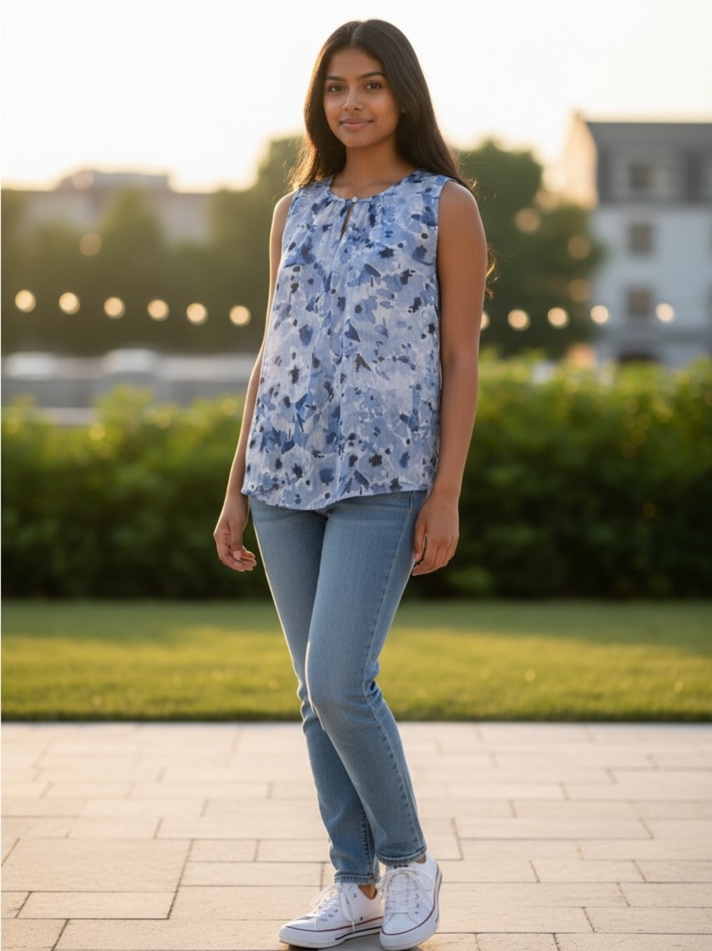 Sleeveless Blue Floral Print Blouse - Brand